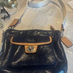 Coach Dark Blue Patent Leather Crossbody Bag White Canvas strap